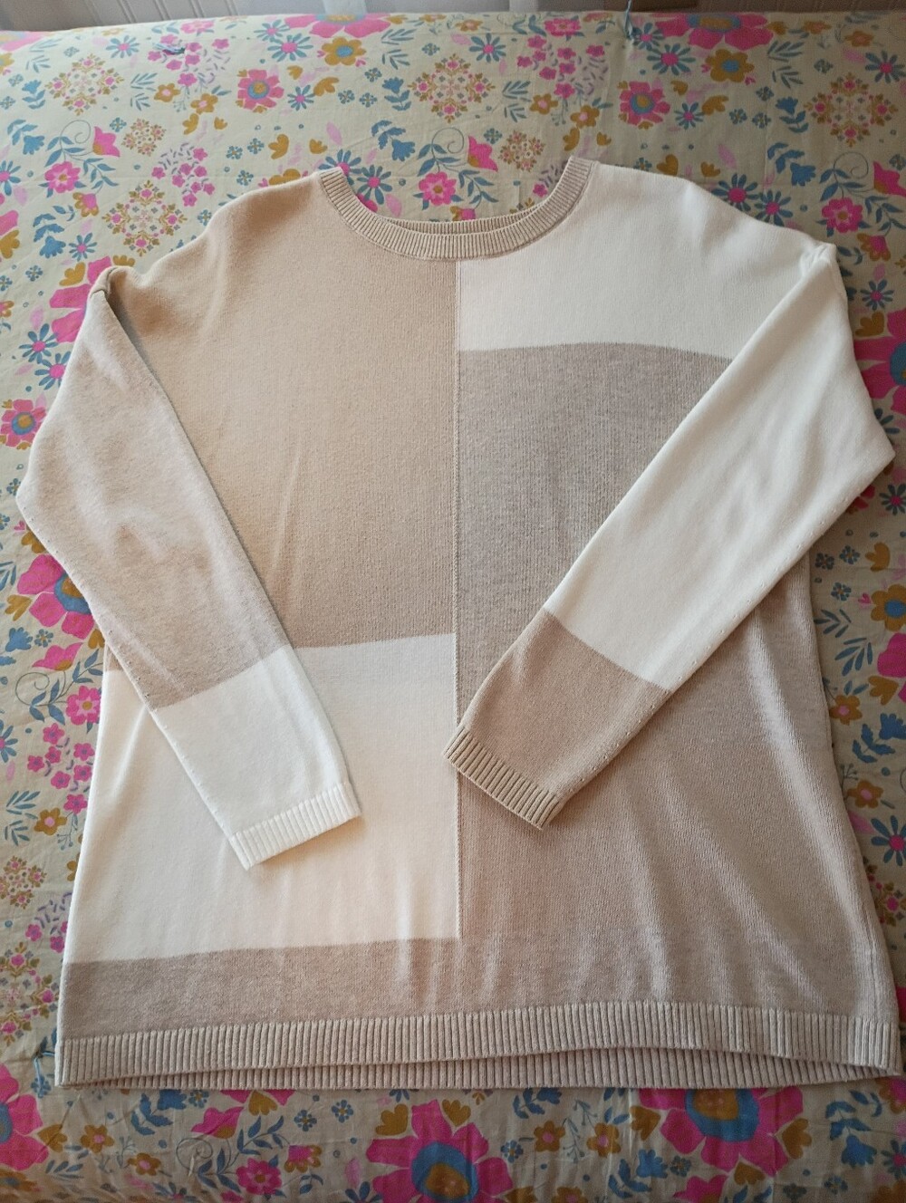 J.Jill Neutral Colorblock Crewneck Sweater - Beige & Cream